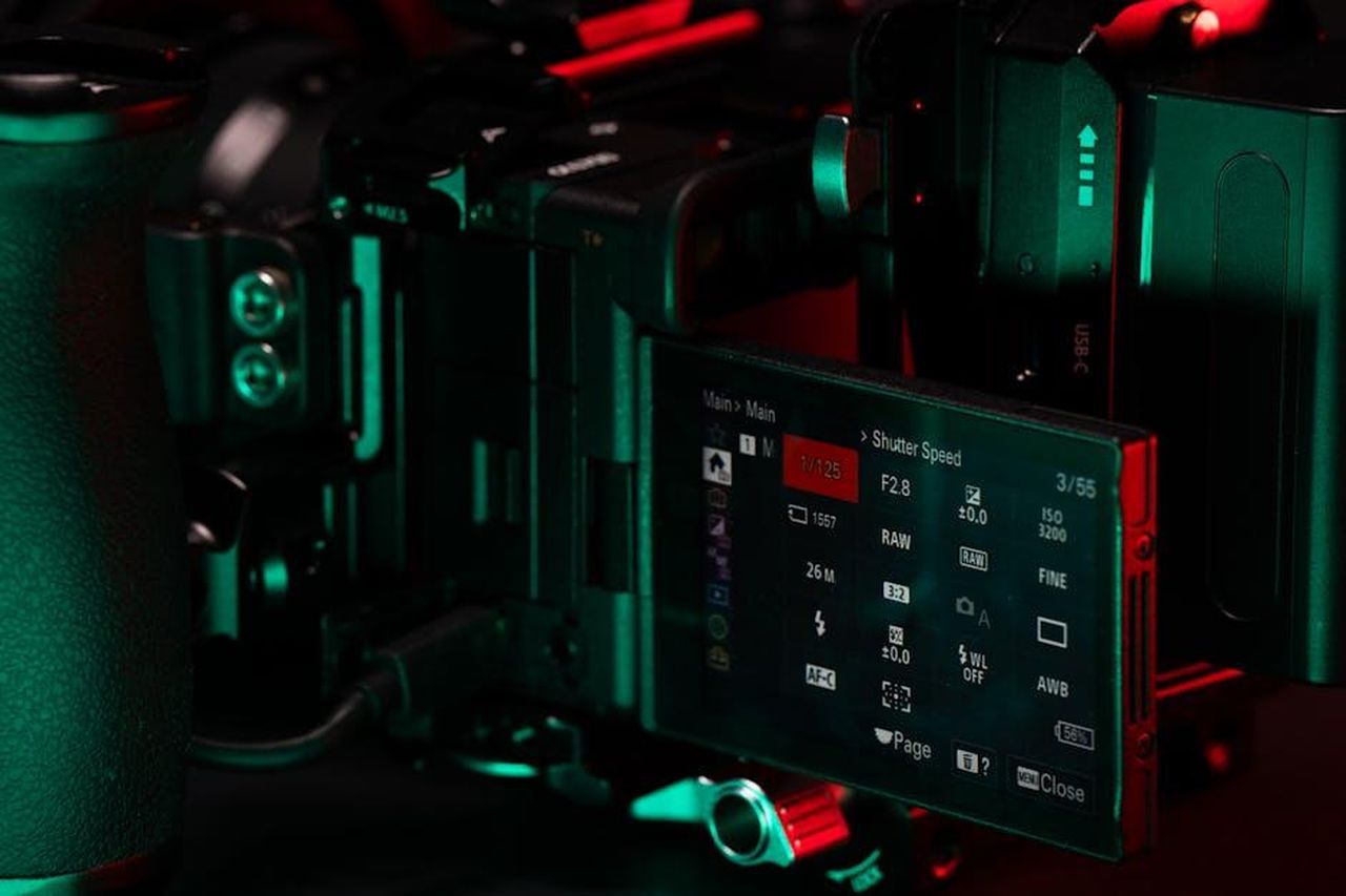 Source: Jakub Zerdzicki - pexels - Close-up of a professional video camera setup with an LCD screen displaying settings.