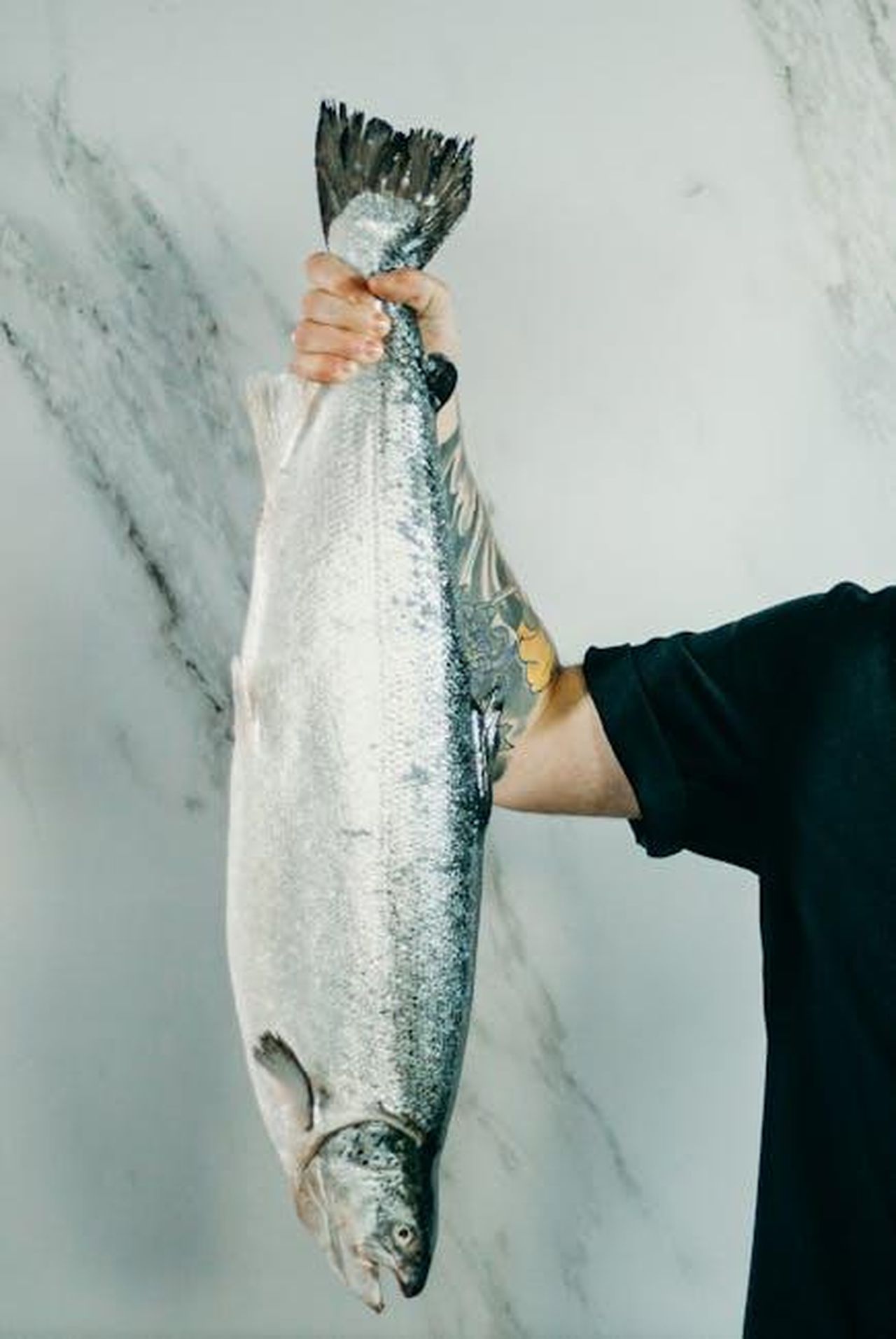 Source: cottonbro studio - pexels - A tattooed hand holds a large raw salmon, perfect for culinary themes.