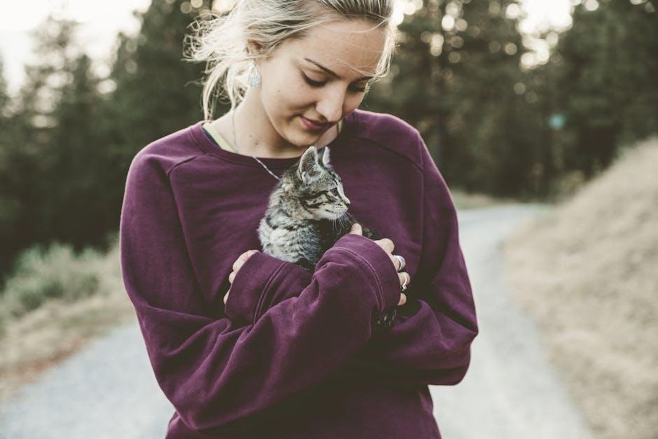 Source: Japheth Mast - pexels - Young woman in a purple sweater smiling down at a kitten she's holding outdoors on a pathway.